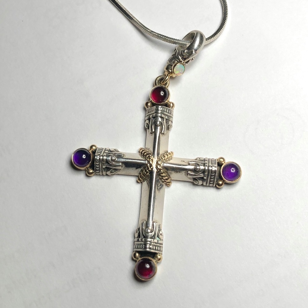 Reve’ Gem Encrusted Sterling Silver & 14K Gold Cross Necklace